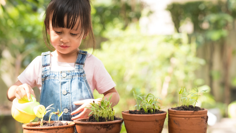 Girl child watering potted plants