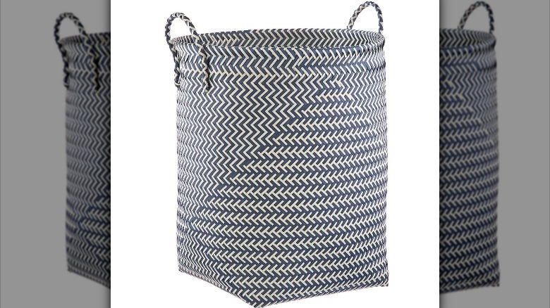 blue and white woven hamper