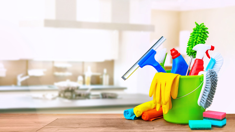 cleaning supplies on table