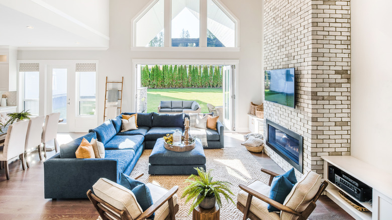 blue couch in farmhouse space