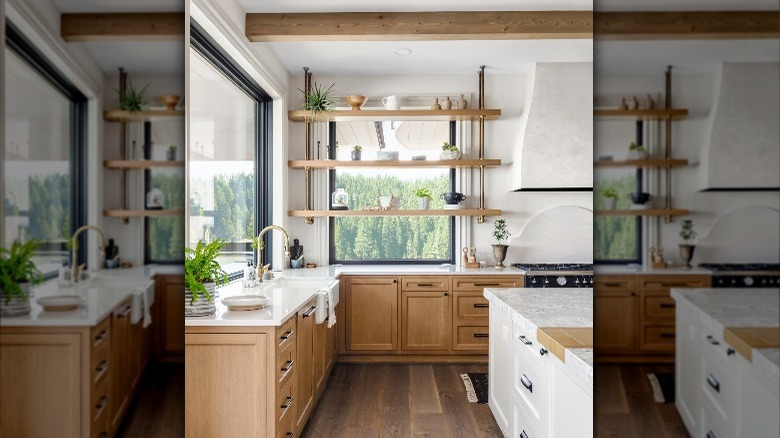 wooden floors, shelving, and cabinets