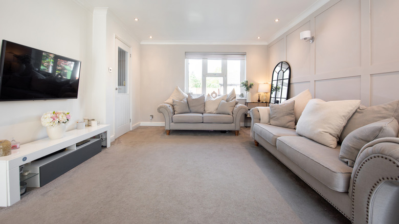 Beige carpet in living room with white walls