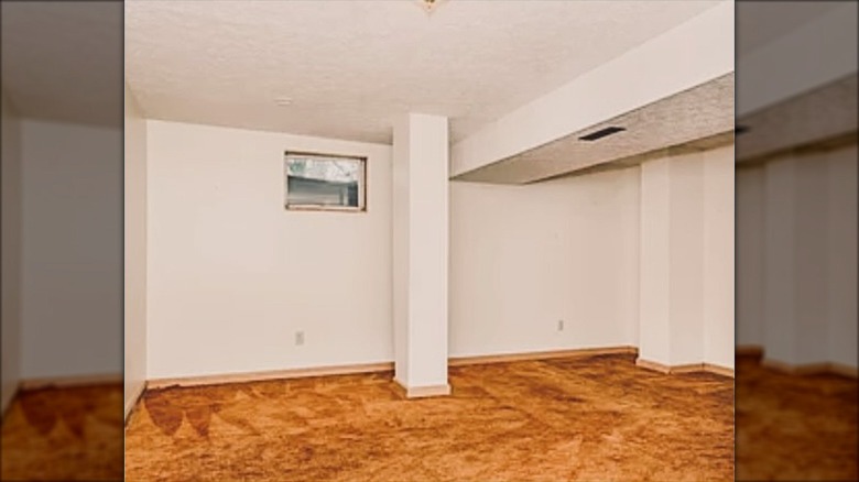 Basement with orange carpet