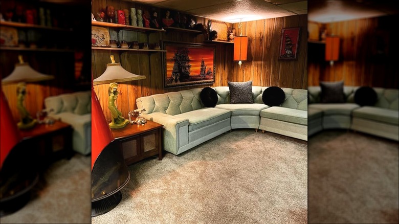 Vintage basement with shag carpet flooring