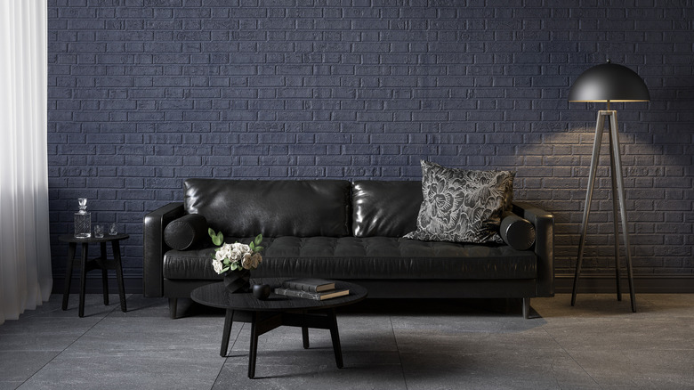Blue wall and black couch