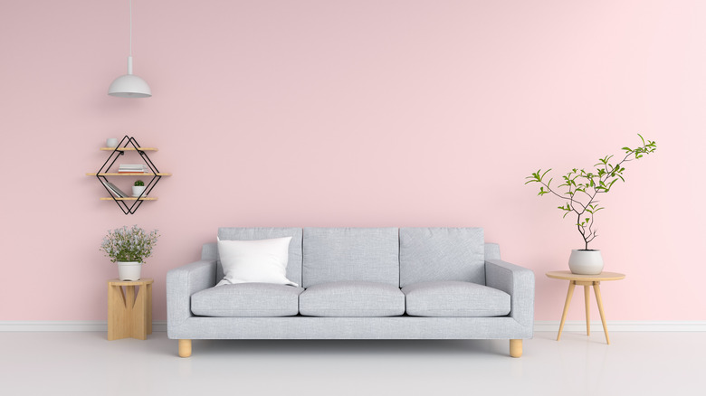 Gray couch, pink wall paint