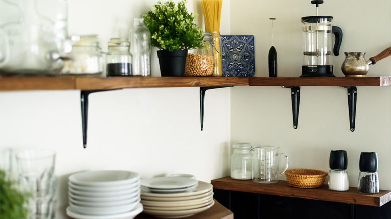 wooden kitchen shelves with items