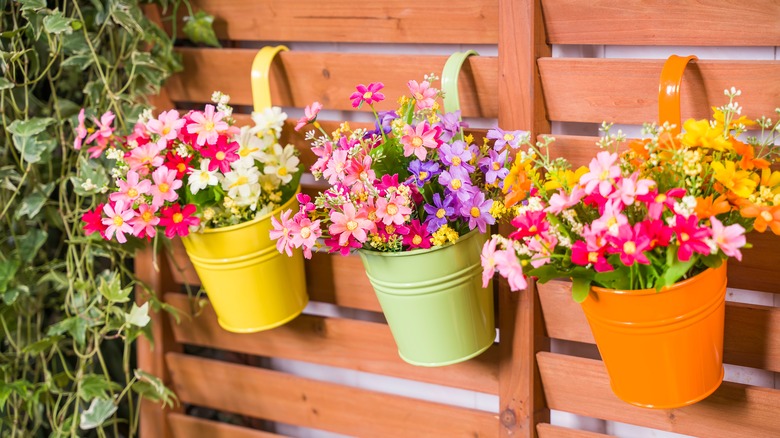 Hanging flower pots on fence