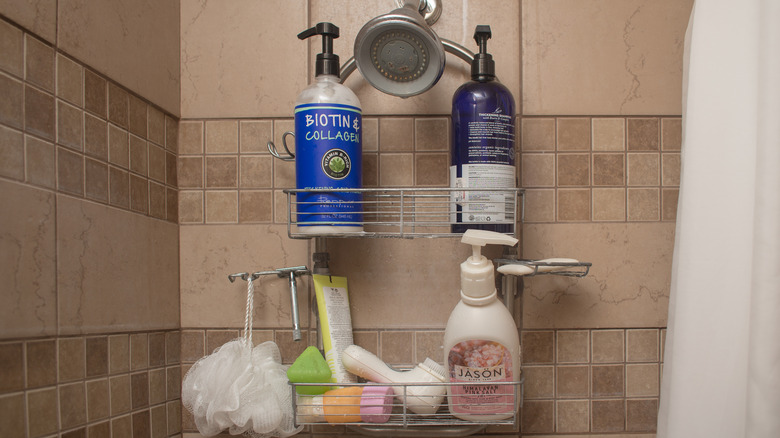 a shower caddy over shower head