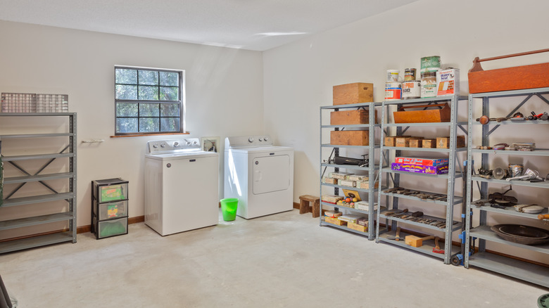 metal shelves in large room