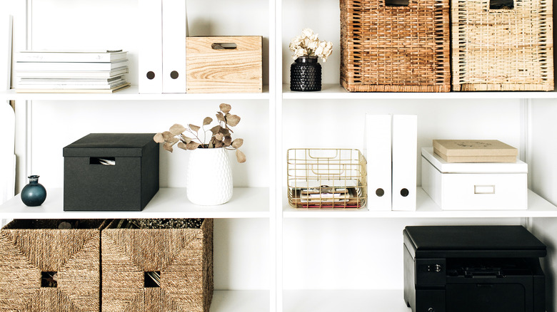 printer on decorated shelving unit