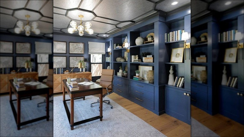 study with ceiling molds and blue walls and shelves