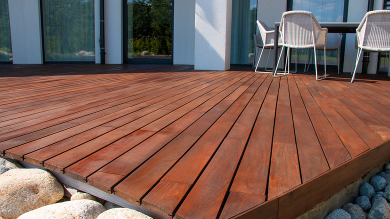 A stained wooden deck