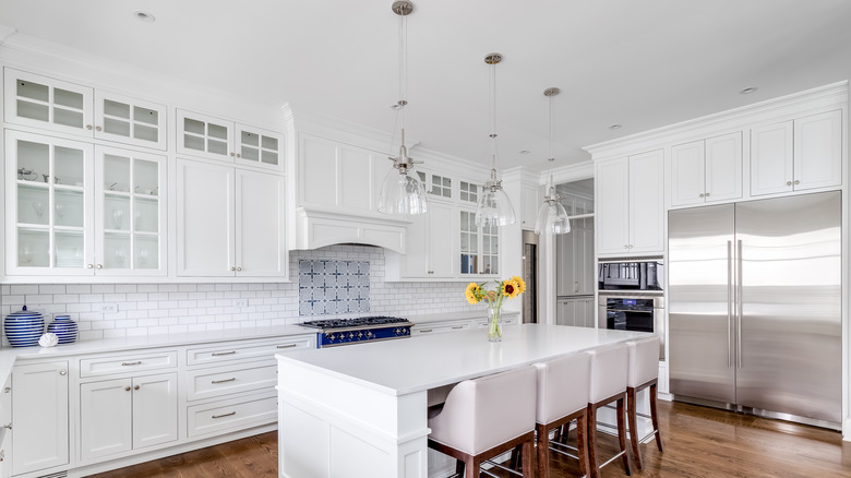 kitchen with glass front cabinet