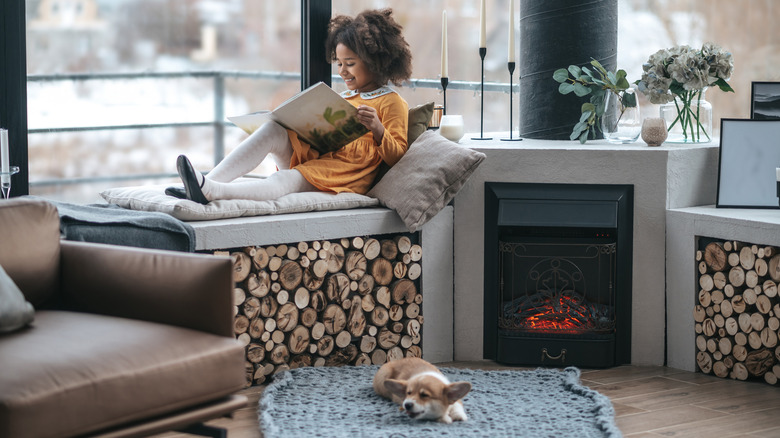 rug with dog before fireplace 