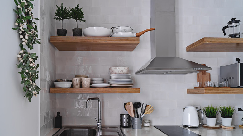 kitchen with floating shelves