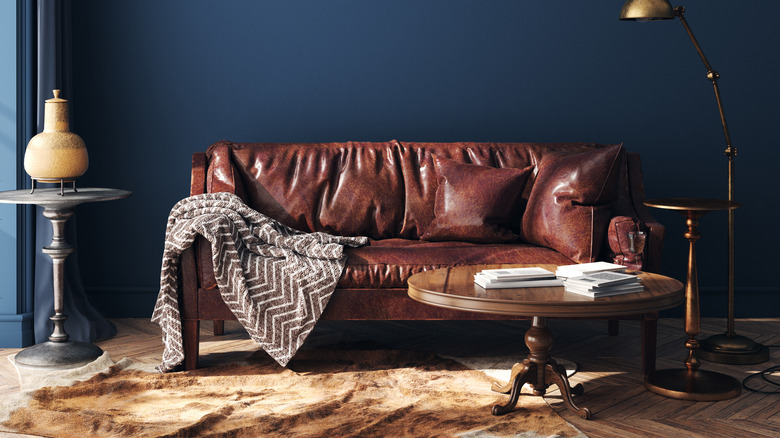 Cozy throw over leather couch