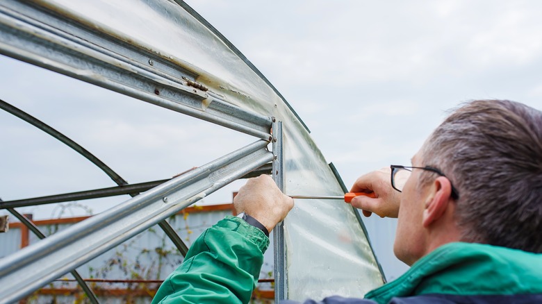 Person inspecting and repairing greenhouse