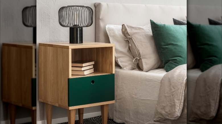 wood and green bedside table