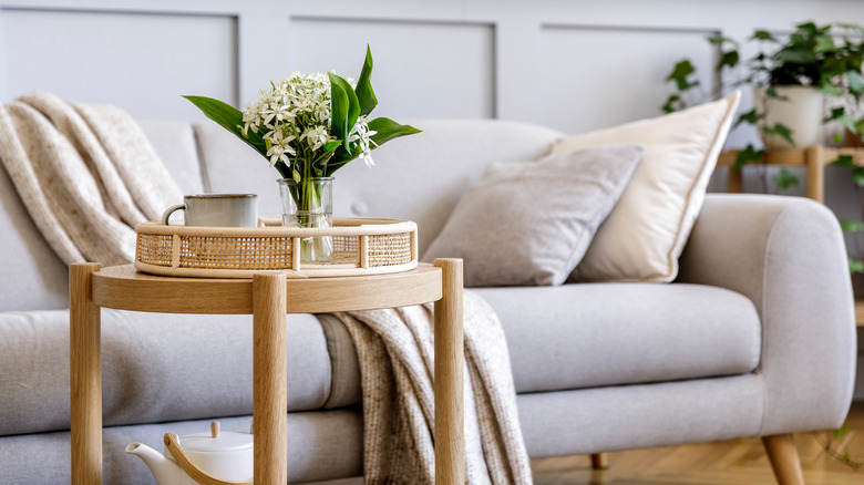 wooden table with flower vase