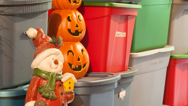 labeled holiday decoration storage bins