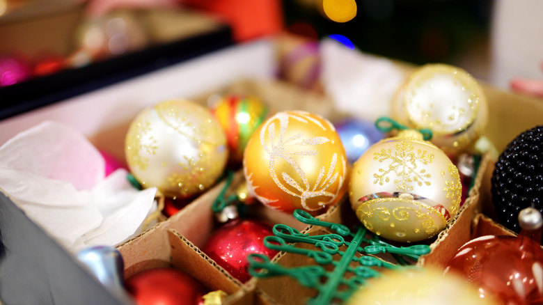 Christmas ornaments in storage box