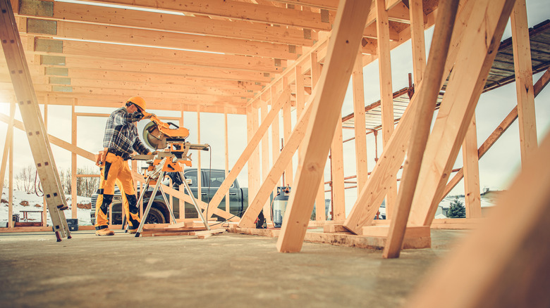 timber framing on building site