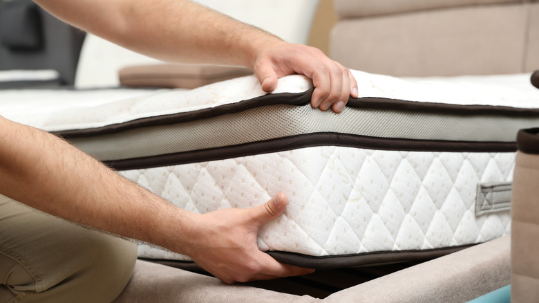 Person inspecting a mattress