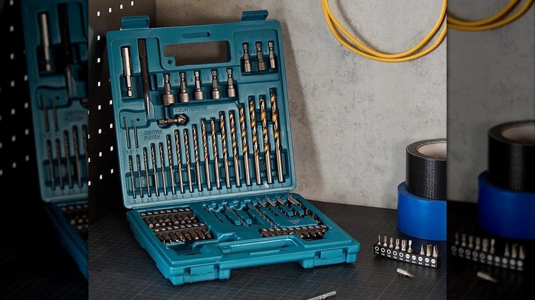 Makita drill bit set on a workbench