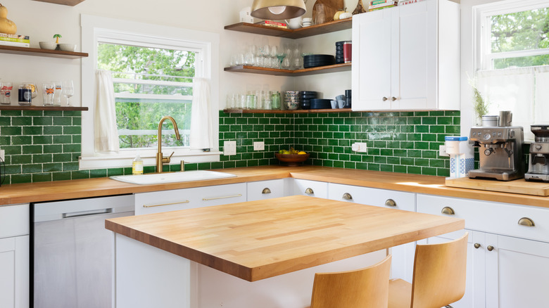 Green kitchen butcher block countertops