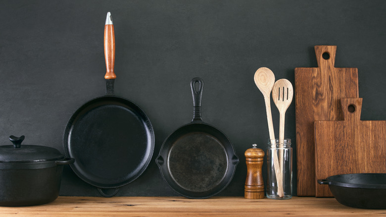 cast iron skillets in kitchen