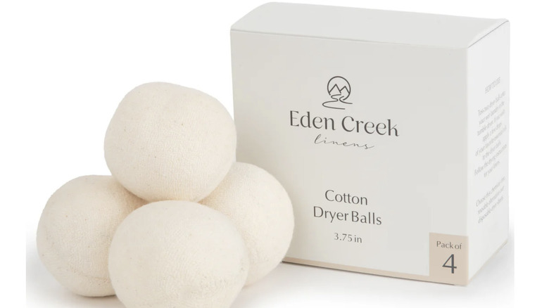 View of Eden Creek Linen Cotton Dryer Balls next to its product box