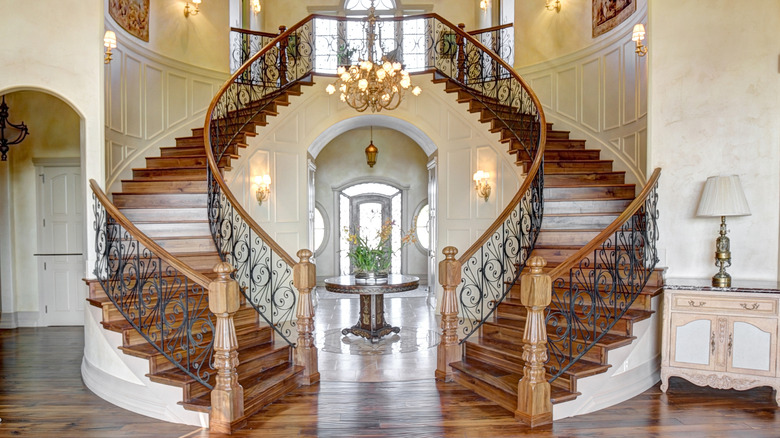 double staircase with intricate spindles