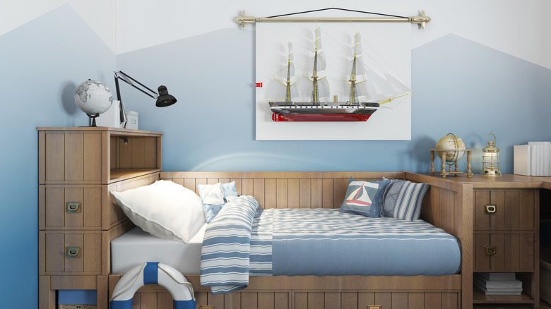 wooden bed with nautical design