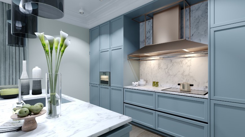 Grayish blue kitchen cupboards