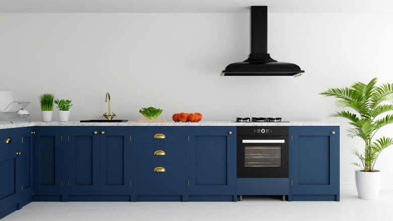 white kitchen with blue cupboards