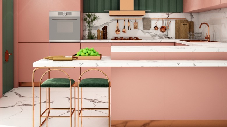 Salmon pink and green kitchen