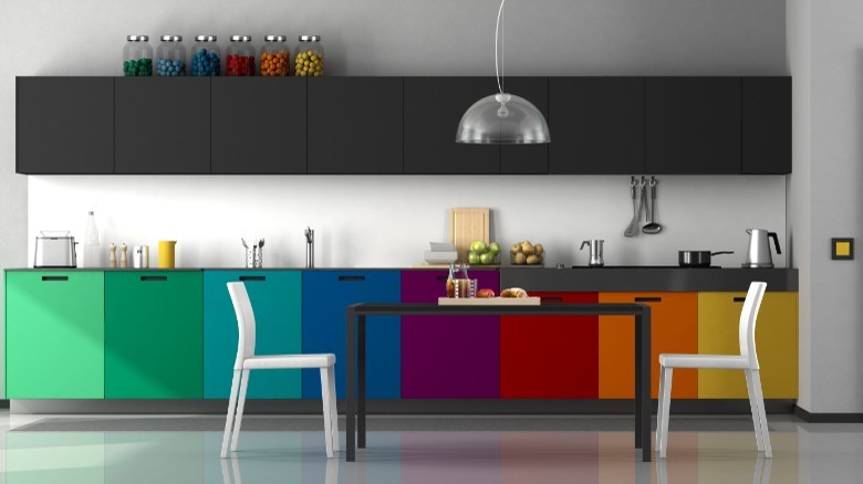 Rainbow and black kitchen cupboards