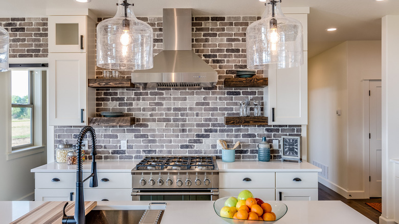 Black and white brick backsplash