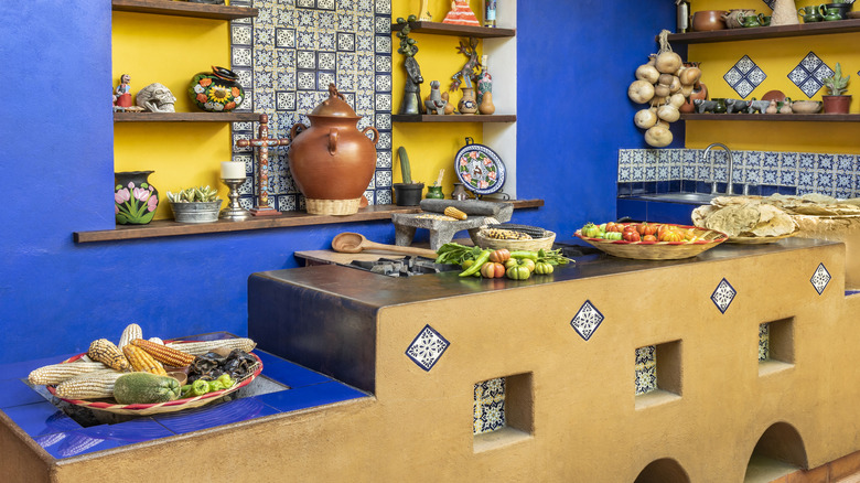 Bright blue and yellow kitchen