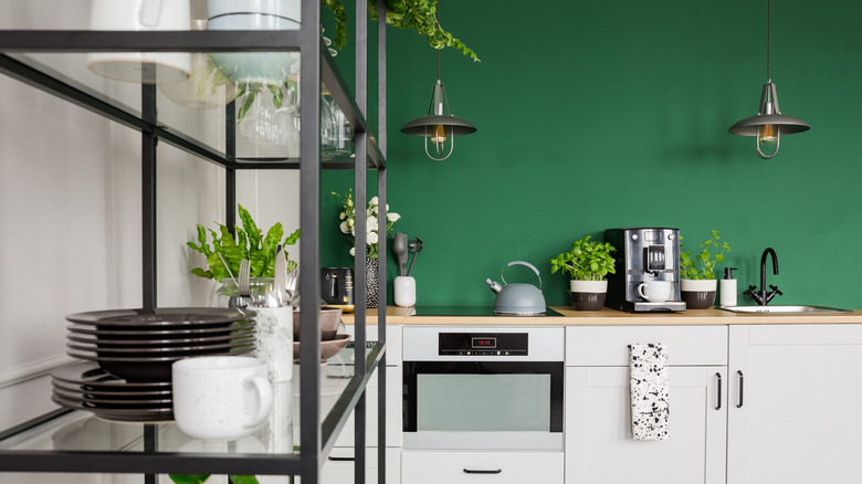 Industrial style kitchen green wall