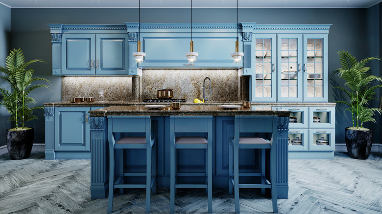 Bright blue monochrome kitchen