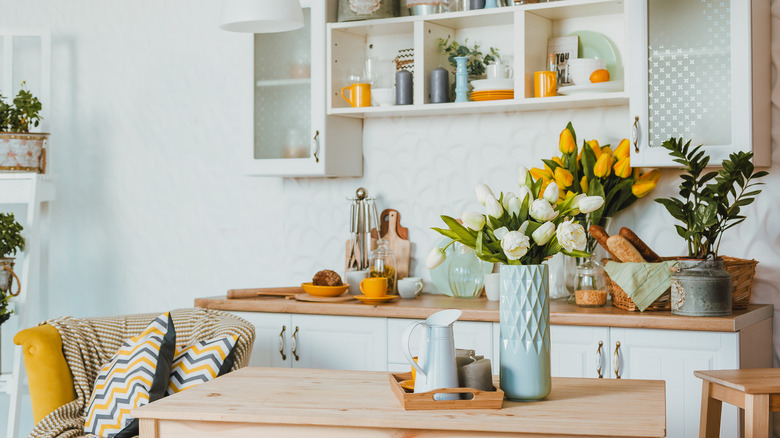 Mustard and Tiffany blue kitchen