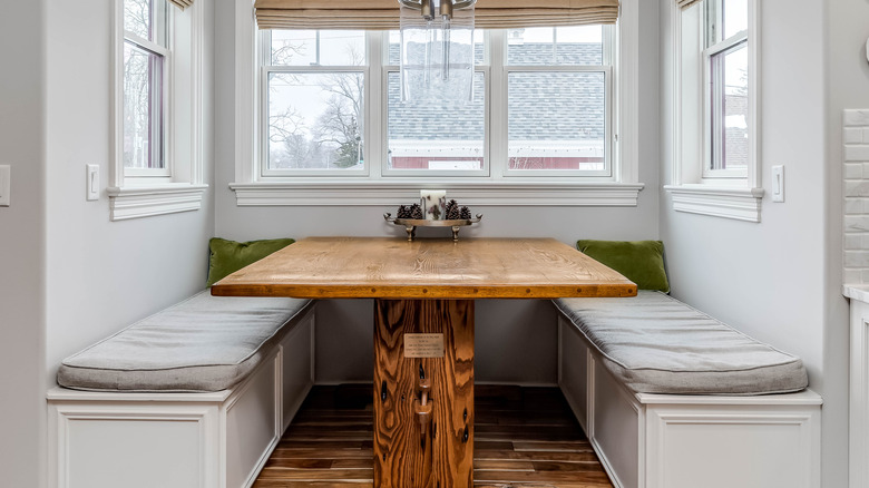 a wooden table and benches