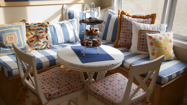 colorful breakfast nook with benches