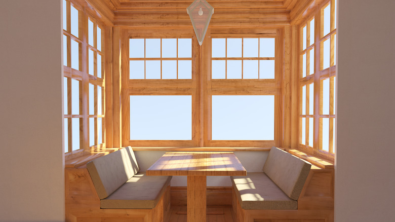 wooden windows and benches