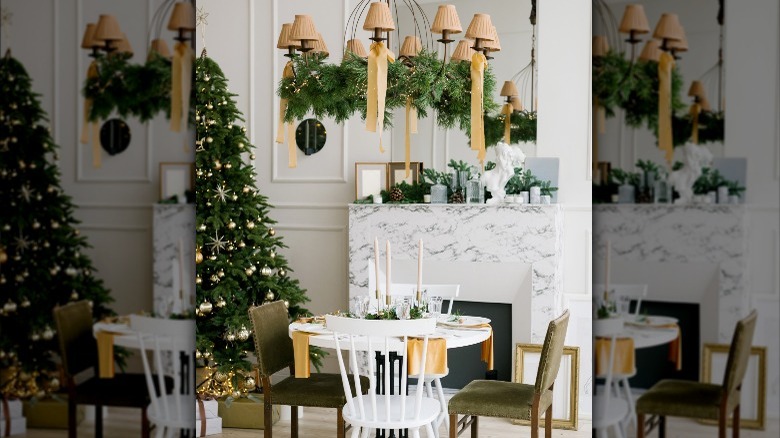 greenery and ribbon on chandelier