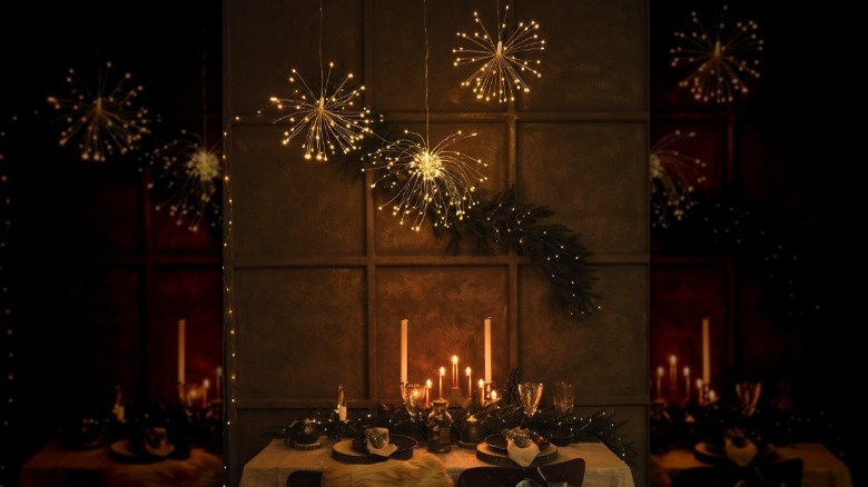 festive lights hung above table