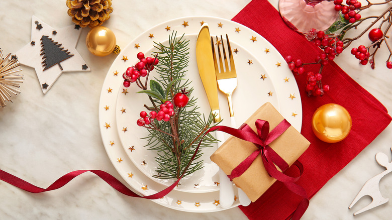 wrapped presents on white plates