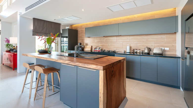 Wood waterfall countertop kitchen island